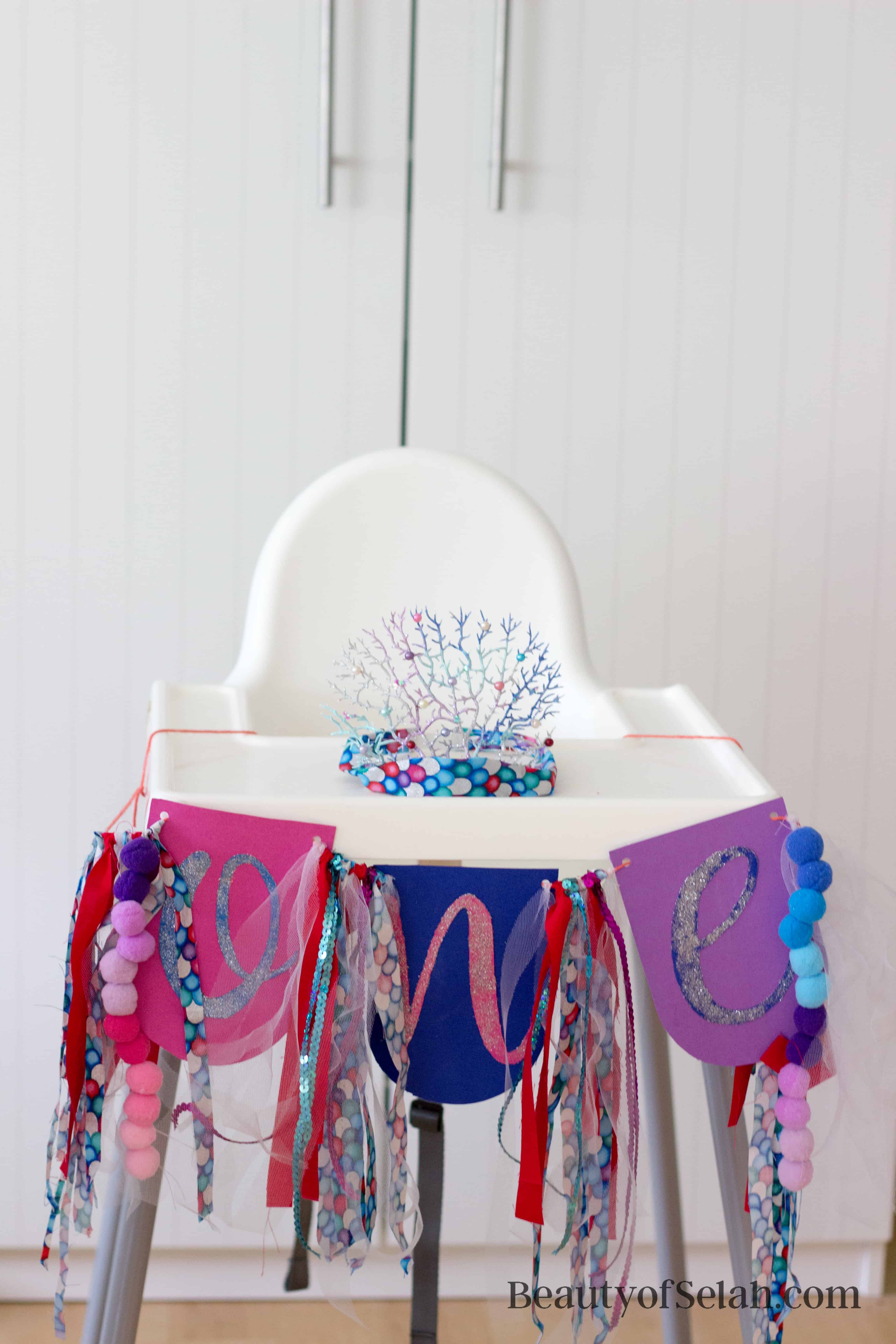 Rainbow Fish Party high chair banner and coral crown
