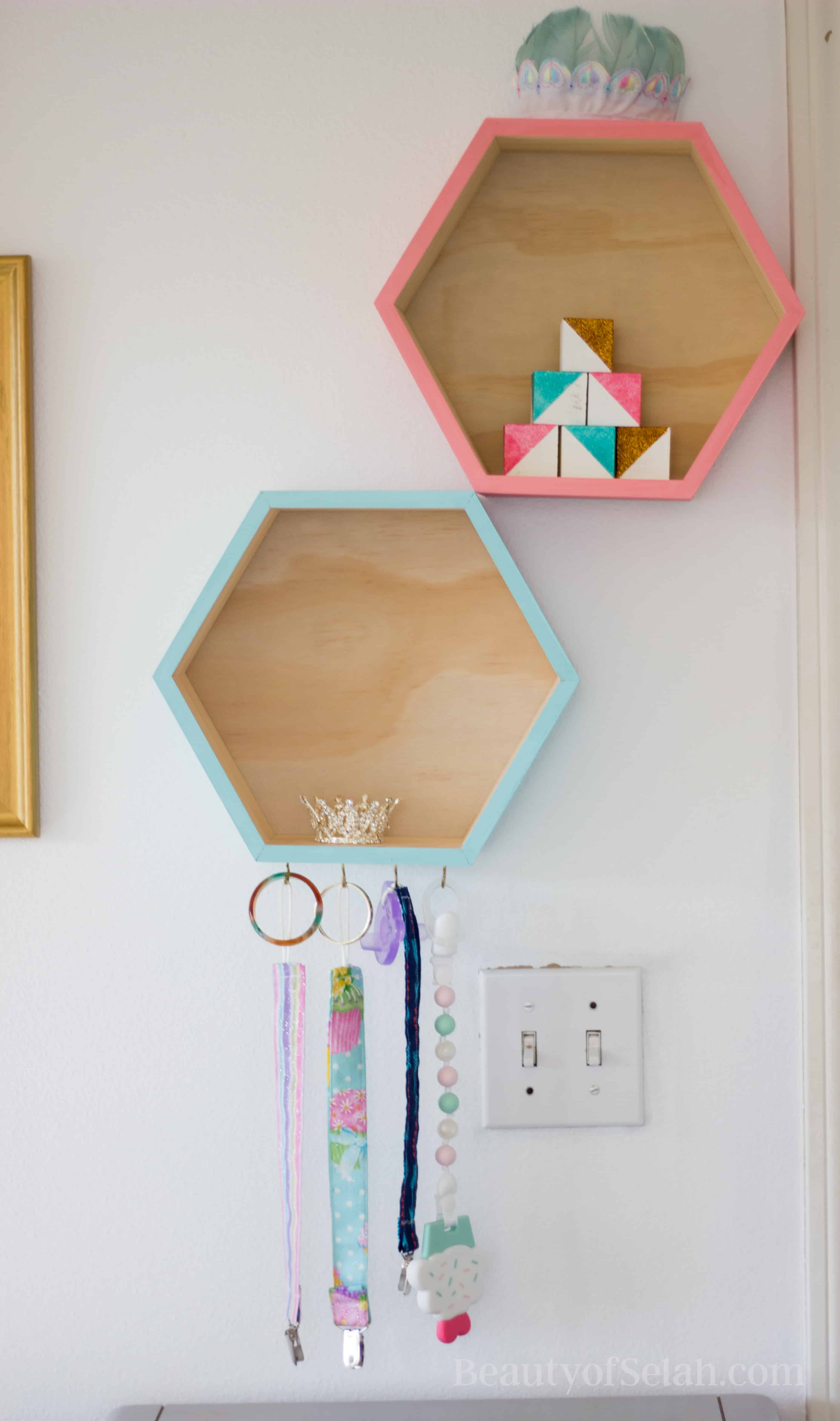 Elegant-Ombre-Herringbone-Nursery hexagon shelves